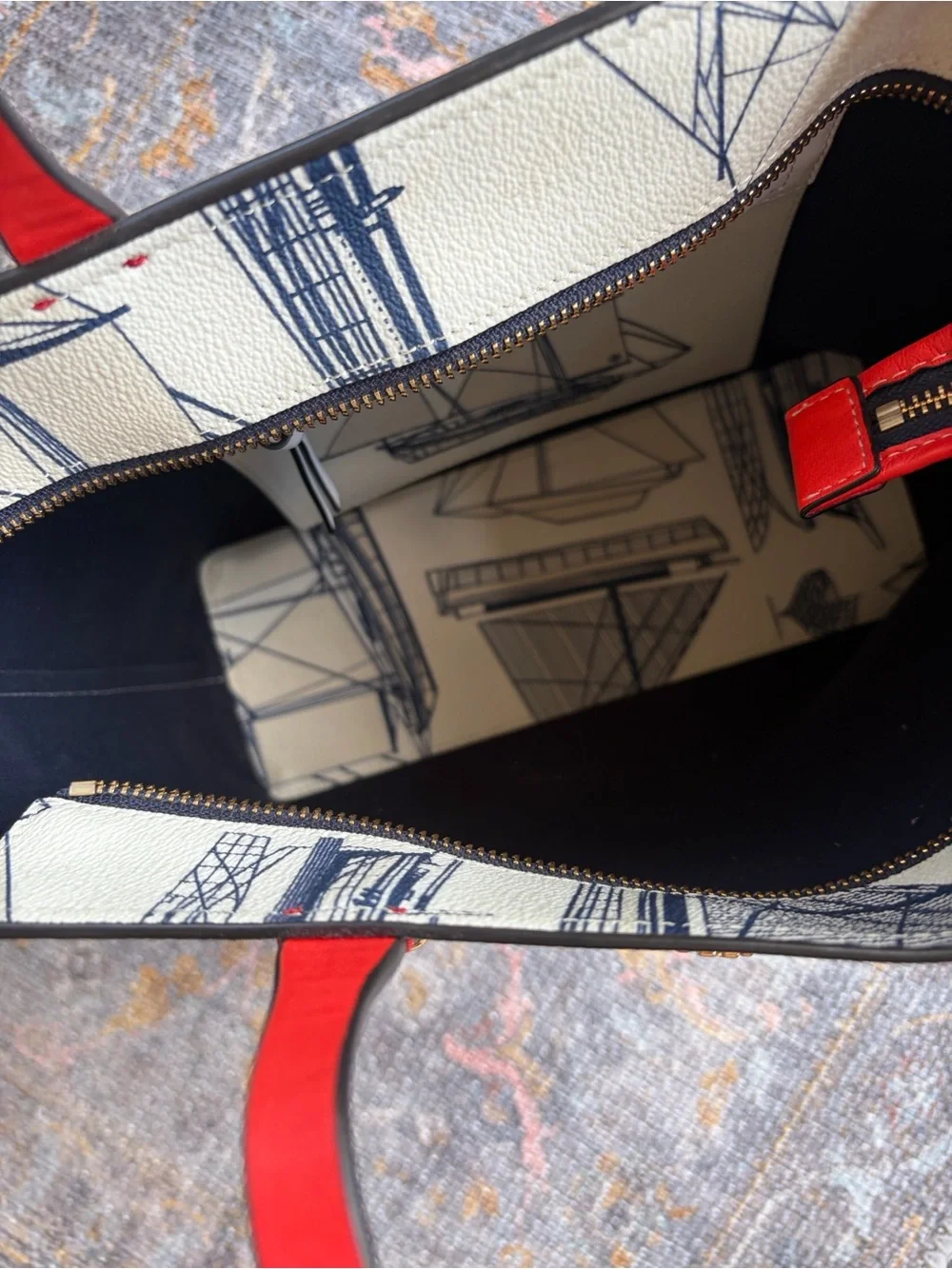 Tory Burch ‘Kerrington’ Small Nautical Ship Print Tote Orange-Red Trim & Strap